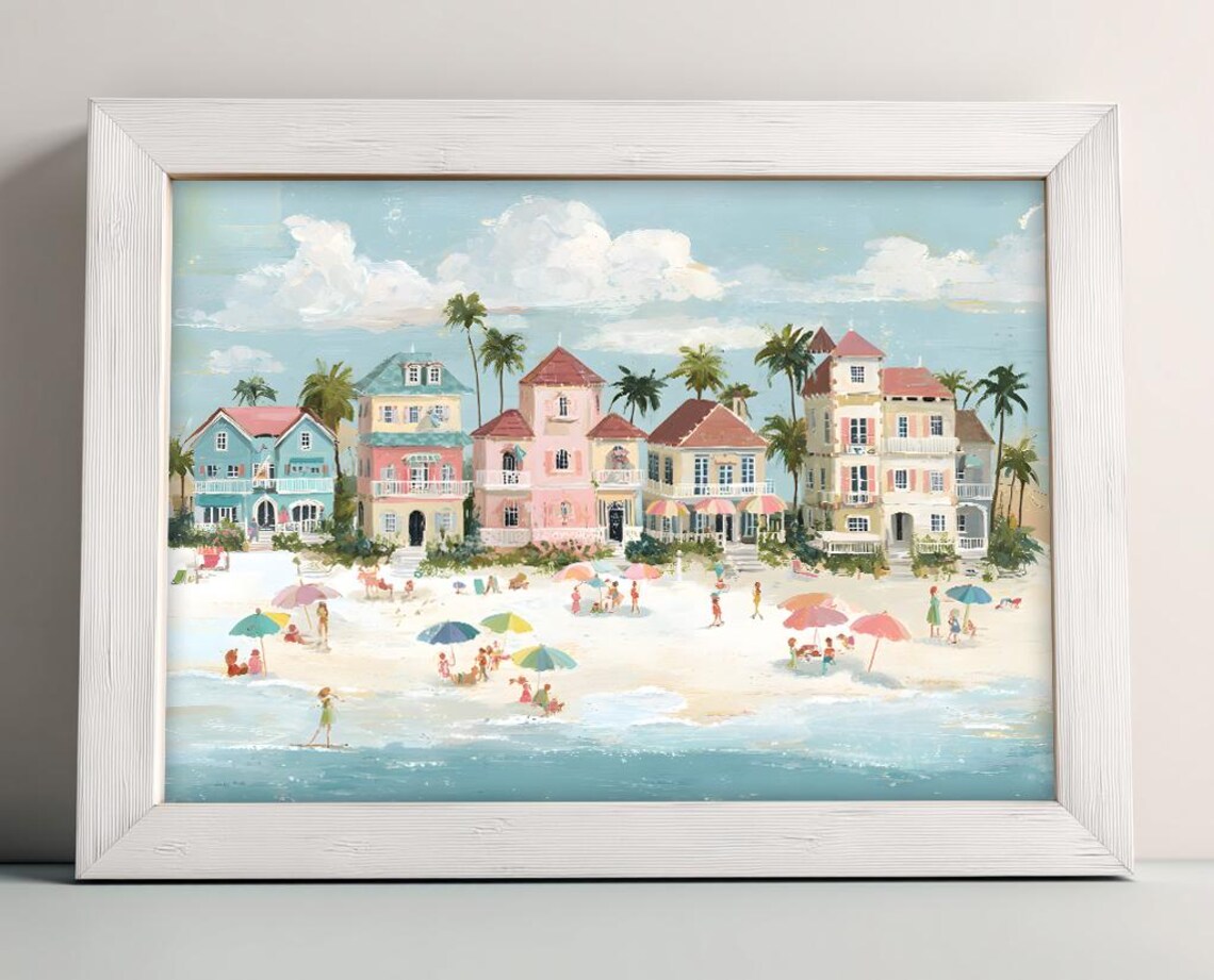 Summer Beach Pastel Houses Umbrellas White Sand Coastal Ocean Wall Poster