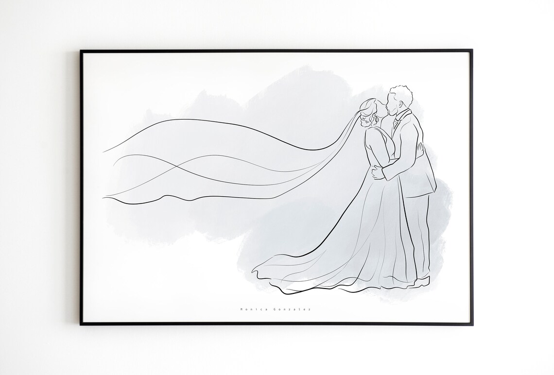 Wedding Couple Kiss Flowing Veil Gray Watercolor Line Art Poster