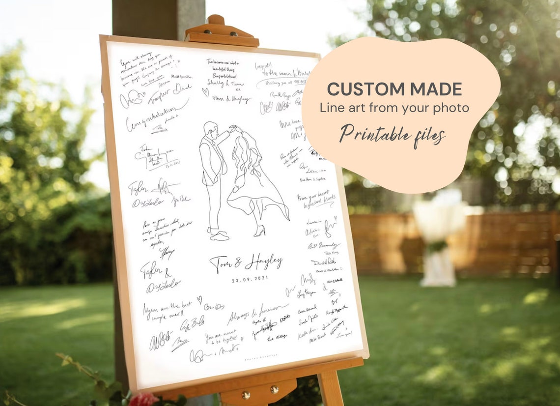 Personalized Couple Line Art Wedding Guest Book Poster Elegant