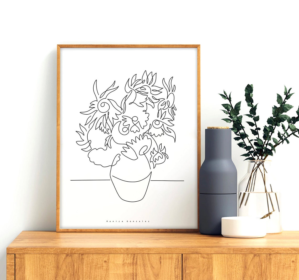 Sunflowers in Vase Continuous Line Art Botanical Floral Poster