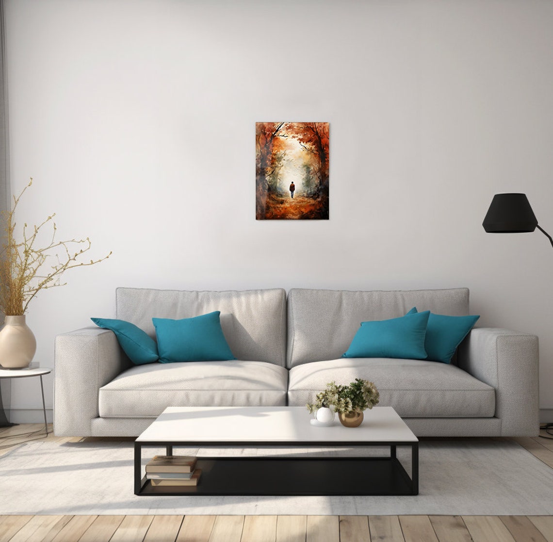 Autumn Forest Path Watercolor Lone Walker Orange Fall Foliage Poster - Image 2