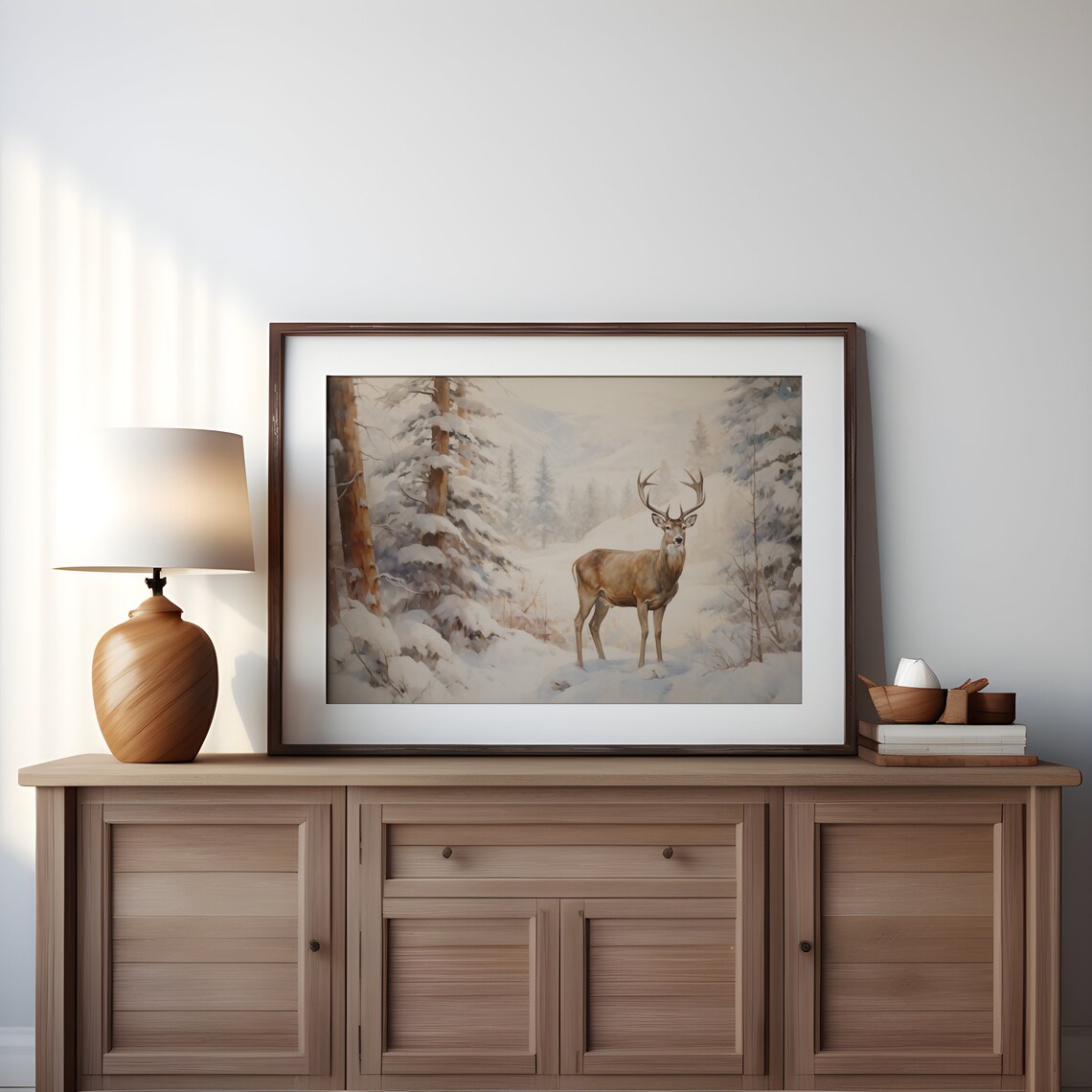 Winter Stag Deer In Snowy Pine Forest Vintage Oil Painting Poster - Image 3