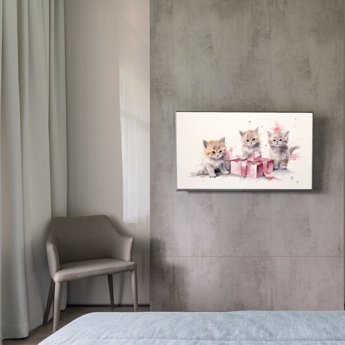 Three Kittens With Pink Gift Box Watercolor Cute Animal Poster - Image 3