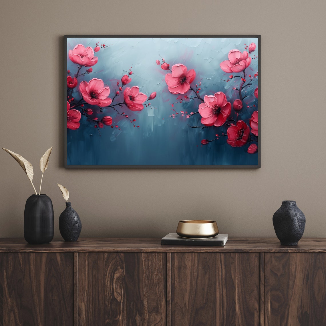 Magenta Cherry Blossoms Blue Grey Textured Floral Painting Poster - Image 2