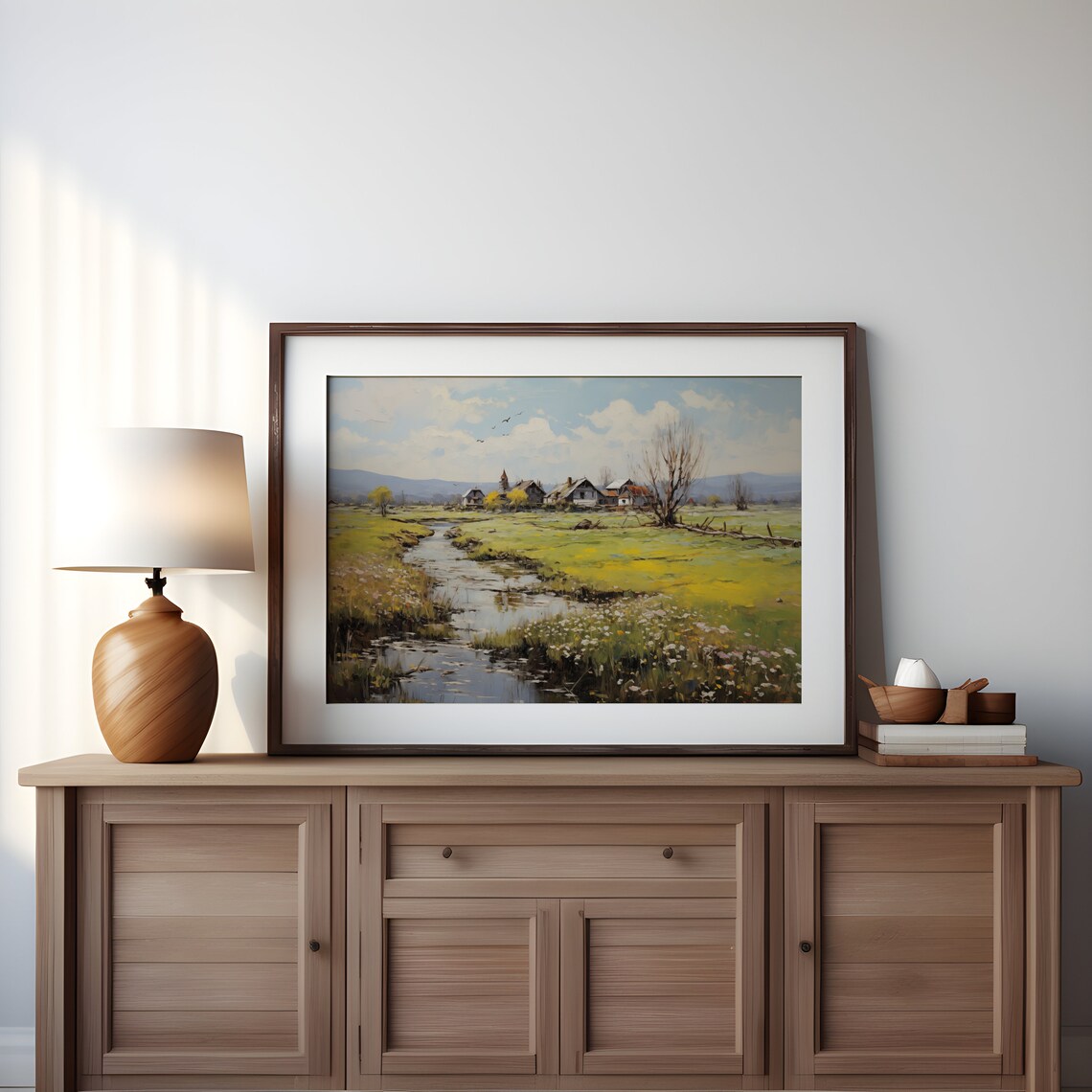 Sunny Alpine Village Stream Church Vintage Landscape Painting Art Print - Image 4