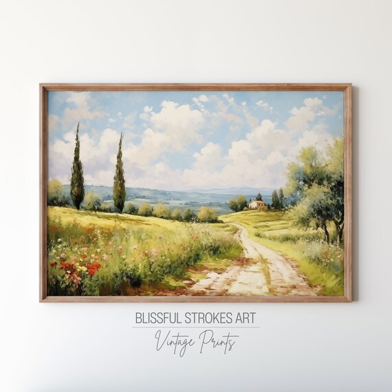 Sunny Tuscan Cypress Country Road Farmhouse Vintage Oil Painting Print