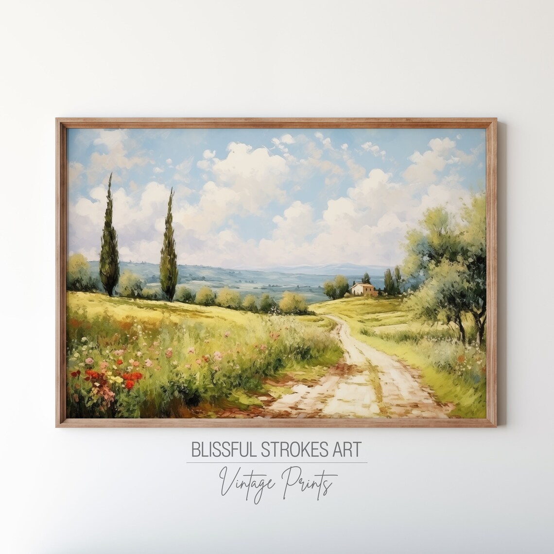 Sunny Tuscan Cypress Country Road Farmhouse Vintage Oil Painting Print