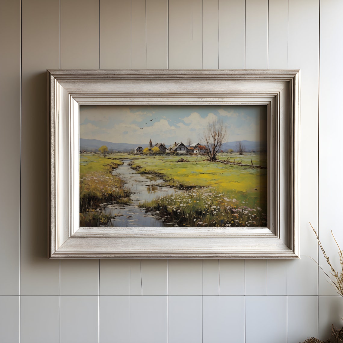 Sunny Alpine Village Vintage Landscape Intricate Detail Oil Painting Sunny Spring Blossom Art Print Happy Pastoral Art - Image 2