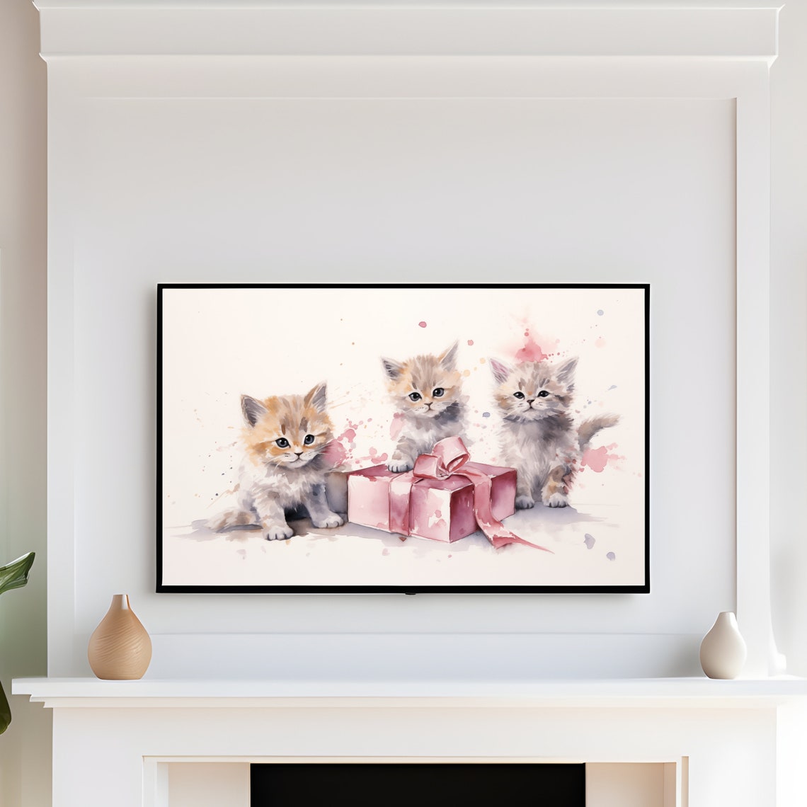 Three Kittens With Pink Gift Box Watercolor Cute Animal Poster - Image 2