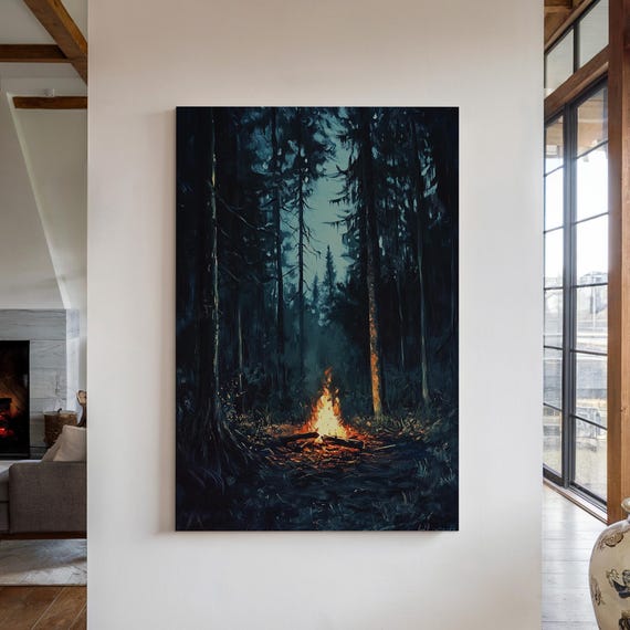 Moody Campfire Forest Print Dark Wilderness Night Art Cozy Outdoor Scene Rustic Adventure Decor Mysterious Nature Painting