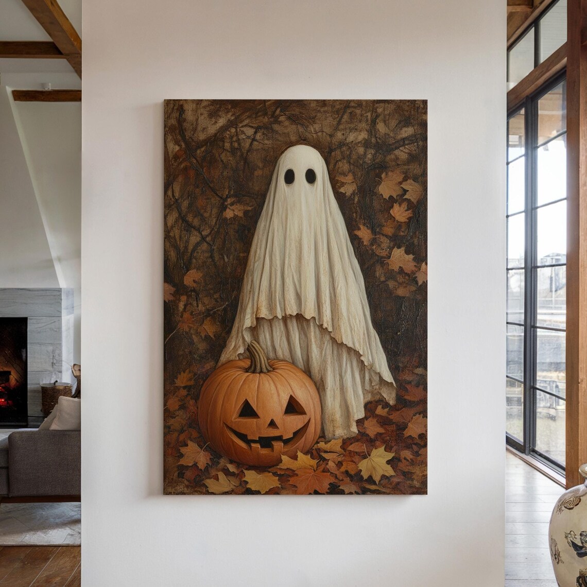 Cute Ghost With Carved Pumpkin Autumn Leaves Halloween Wall Art