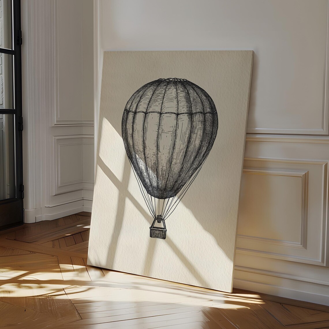 Vintage Hot Air Balloon Drawing, Retro Travel Art