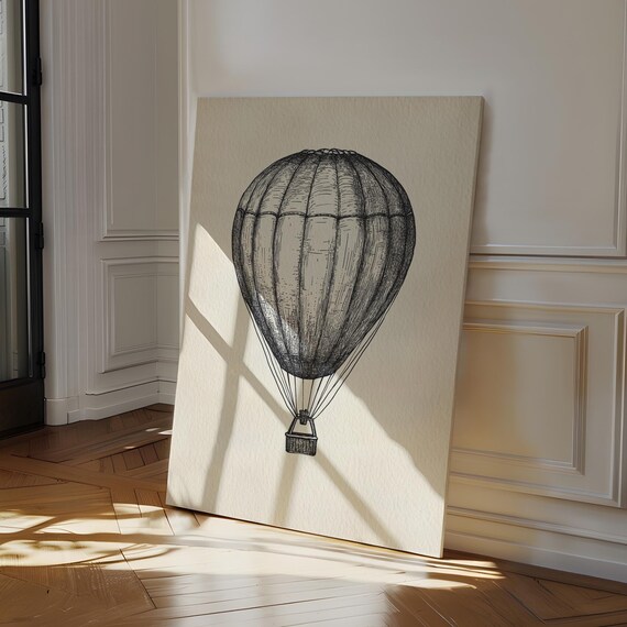 Vintage Hot Air Balloon Drawing, Retro Travel Art