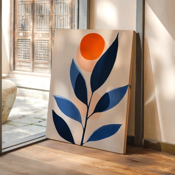 Minimalist Abstract Painting With Bold Navy Leaves Soft Peach Circles And A Striking Orange Sun Against A Neutral Backdrop