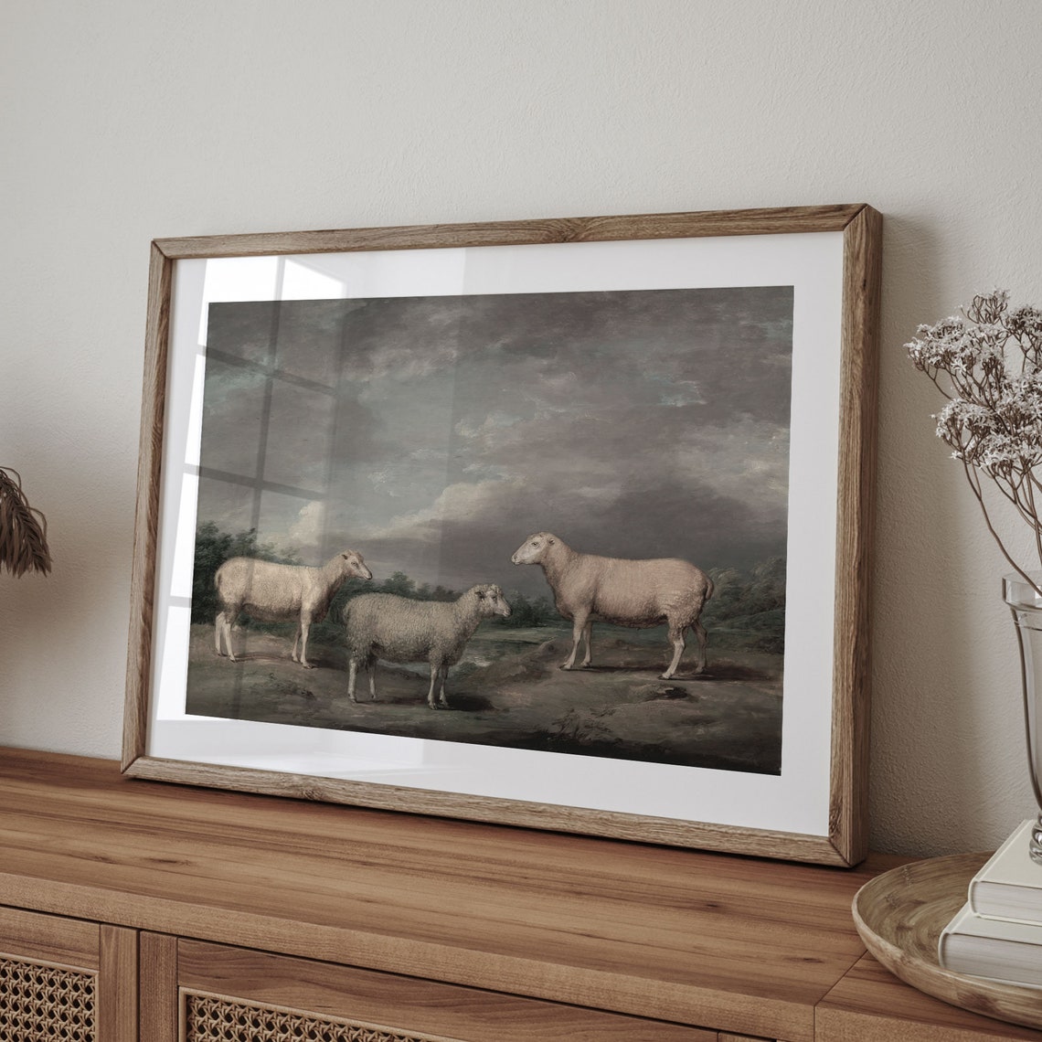 Three Sheep Under Stormy Sky Vintage Pastoral Farm Painting Poster - Image 4