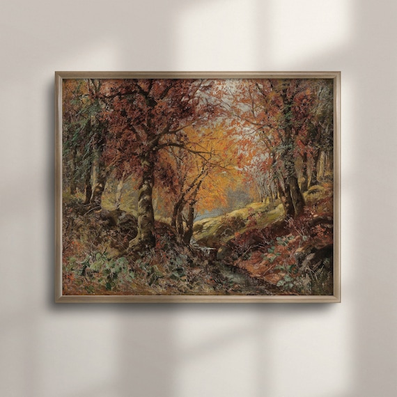 Autumn Forest Red Orange Foliage Woodland Stream Vintage Fall Painting Poster