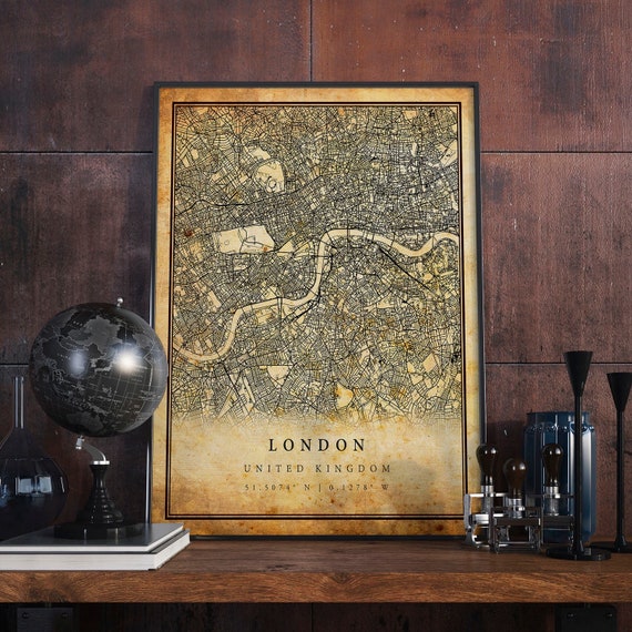 London Vintage Map Poster, Antique Rustic City Artwork