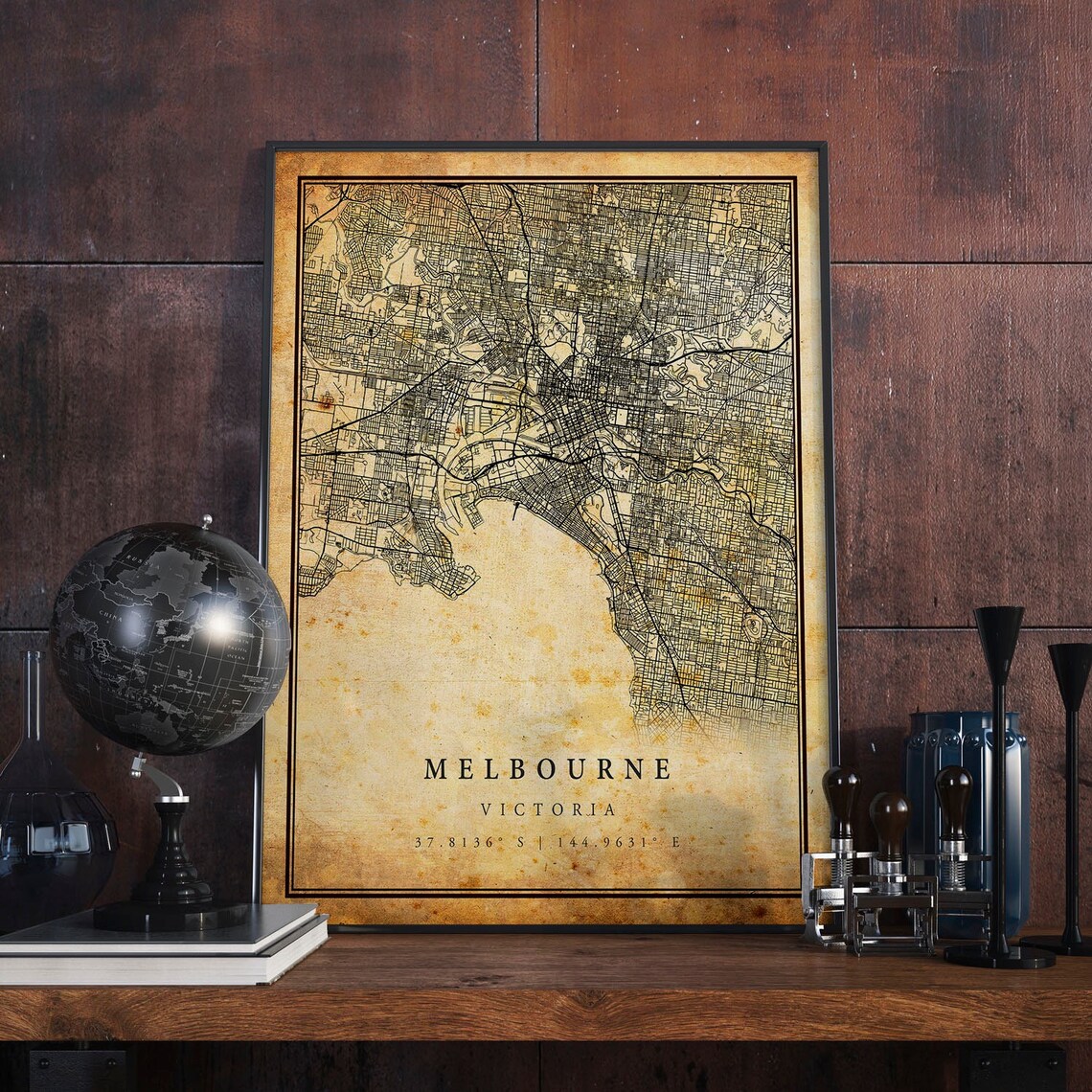 Melbourne Vintage Map Poster, Antique Rustic Travel Poster