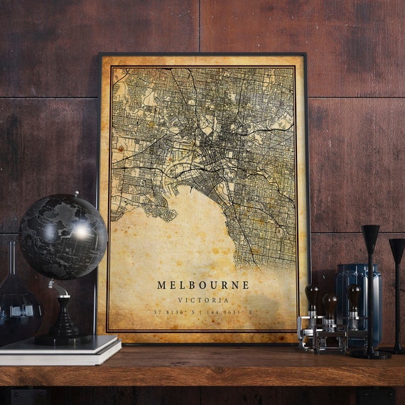 Melbourne Vintage Map Poster, Antique Rustic Travel Poster