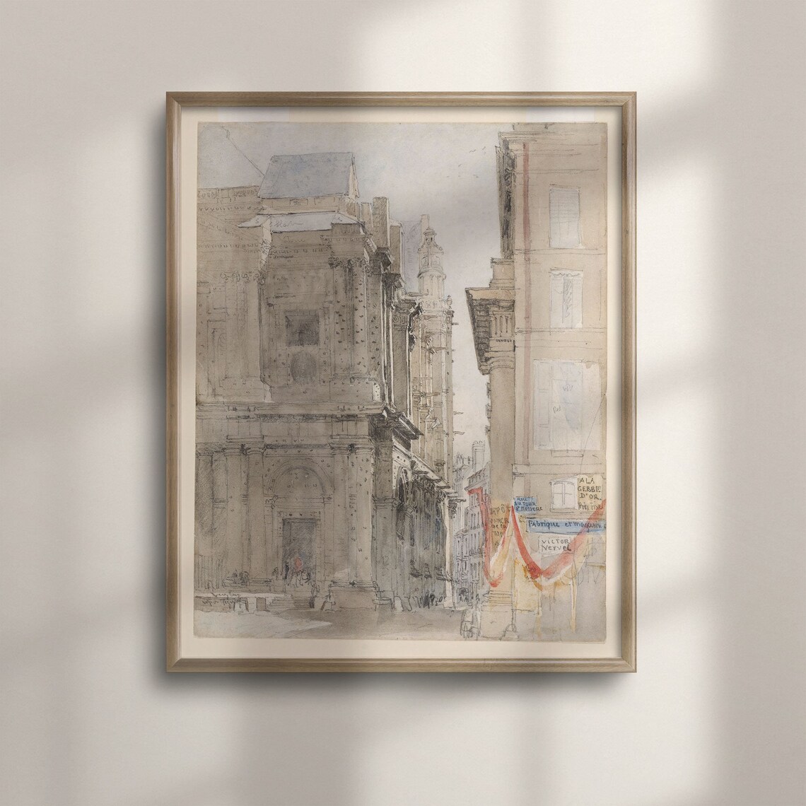 Old European Church Facade Watercolor Street Scene Painting Poster
