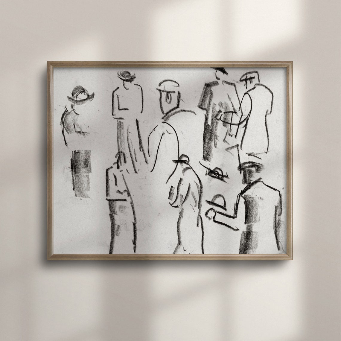 Gentlemen in Hats Antique Charcoal Figure Sketch Drawing Poster