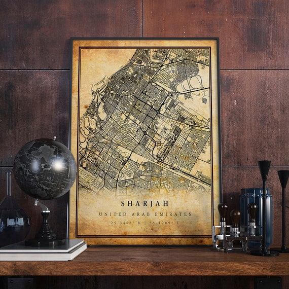Sharjah Vintage Map Poster, Antique Rustic Travel Poster