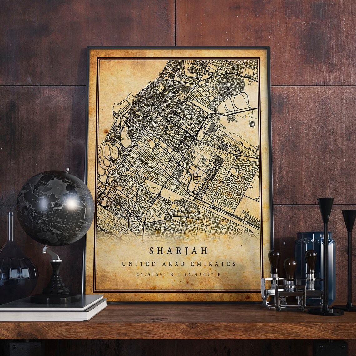 Sharjah Vintage Map Poster, Antique Rustic Travel Poster