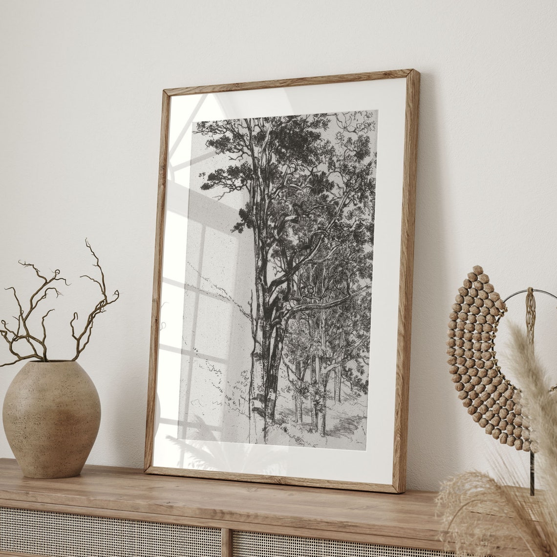 Antique Tall Forest Pine Trees Neutral Vintage Pencil Sketch Print - Image 4