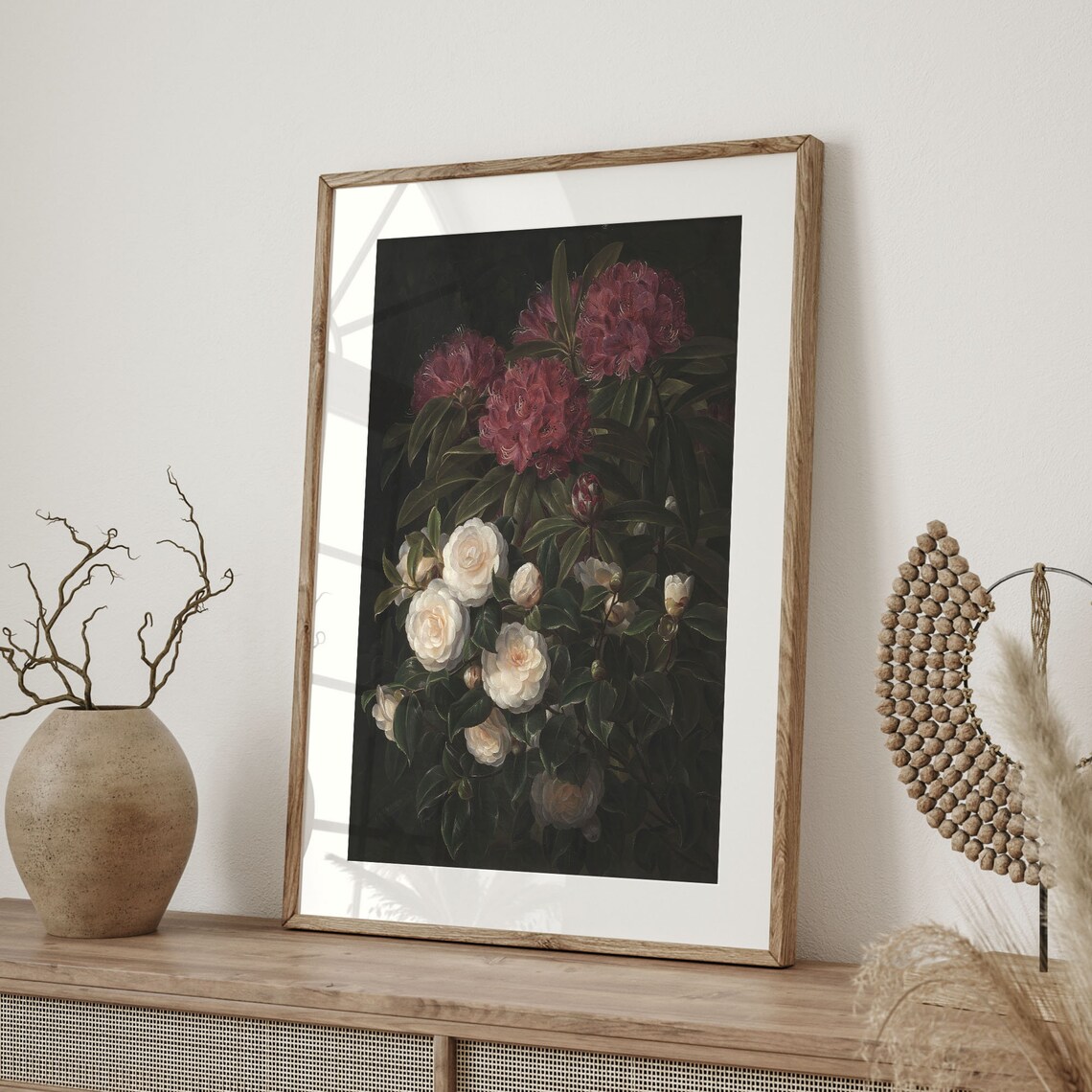 Dark Moody Still Life White Camellias Red Blooms Antique Floral Poster - Image 4