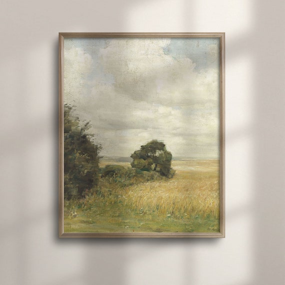 Farmhouse Wall Art Golden Wheat Field Painting Vintage Landscape Poster Country Decor Rustic Art Print Countryside Scenery C16 1130