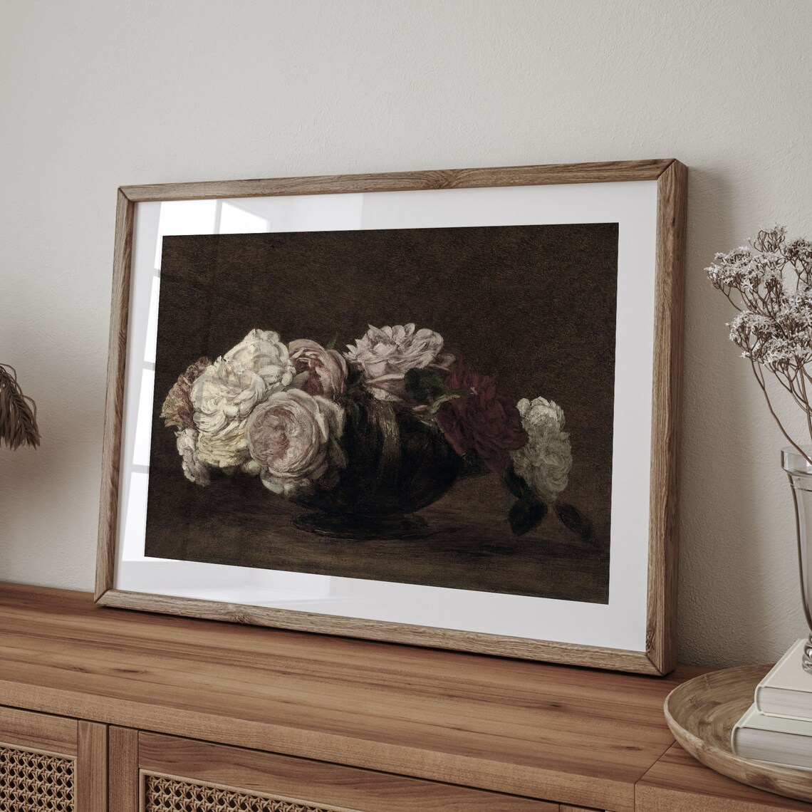 White and Red Roses in a Dark Bowl Antique Floral Oil Poster - Image 4