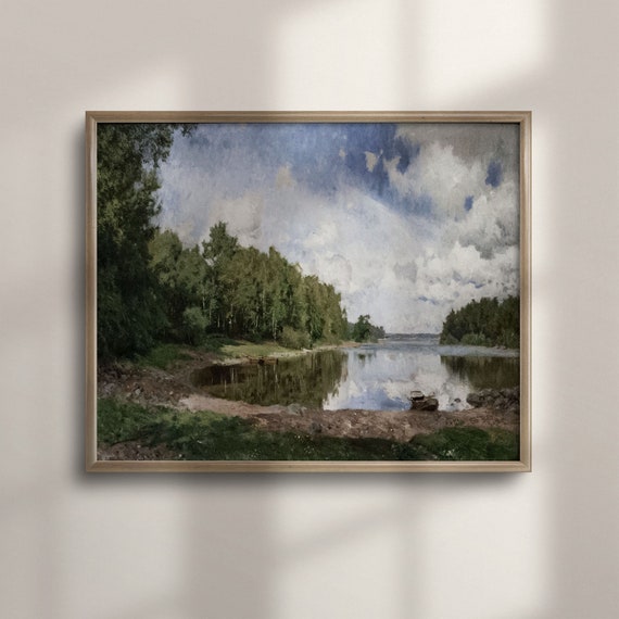 Vintage Lakeside Landscape Painting Antique Countryside Wall Art Home Decor Unique Vintage Art Print Riverscape Artwork C16 603