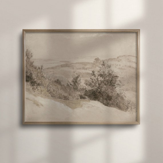 Neutral Vintage Landscape Art Print, Beige Minimalist