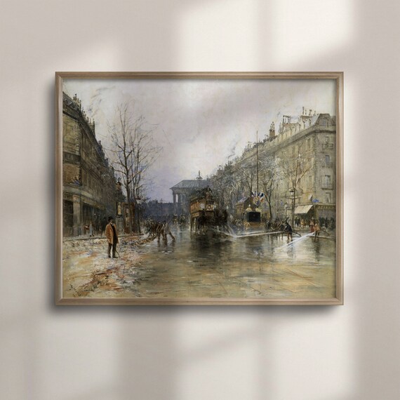 Paris Boulevard Winter Street Antique French Cityscape Painting Poster