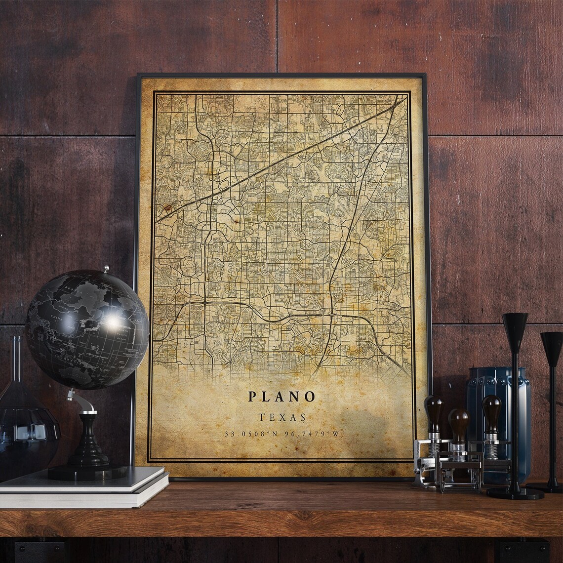 Plano Vintage Map Poster, Antique Rustic Texas