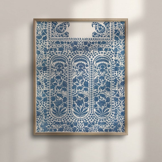 Antique Floral Painting Vintage Flower Fine Art Print Blue And White Wall Decor Indian Folk Art Art Exhibition Poster C16 1092