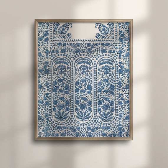 Blue White Floral Textile Pattern Vintage Tapestry Art Poster