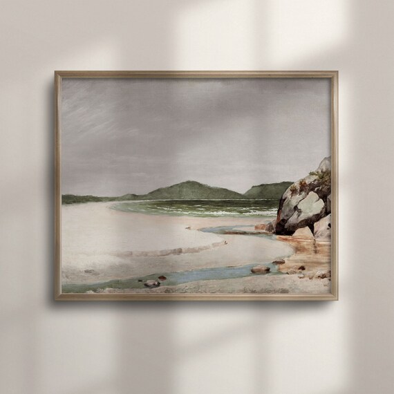 Misty Sandy Cove Green Hills Vintage Coastal Seascape Painting Poster