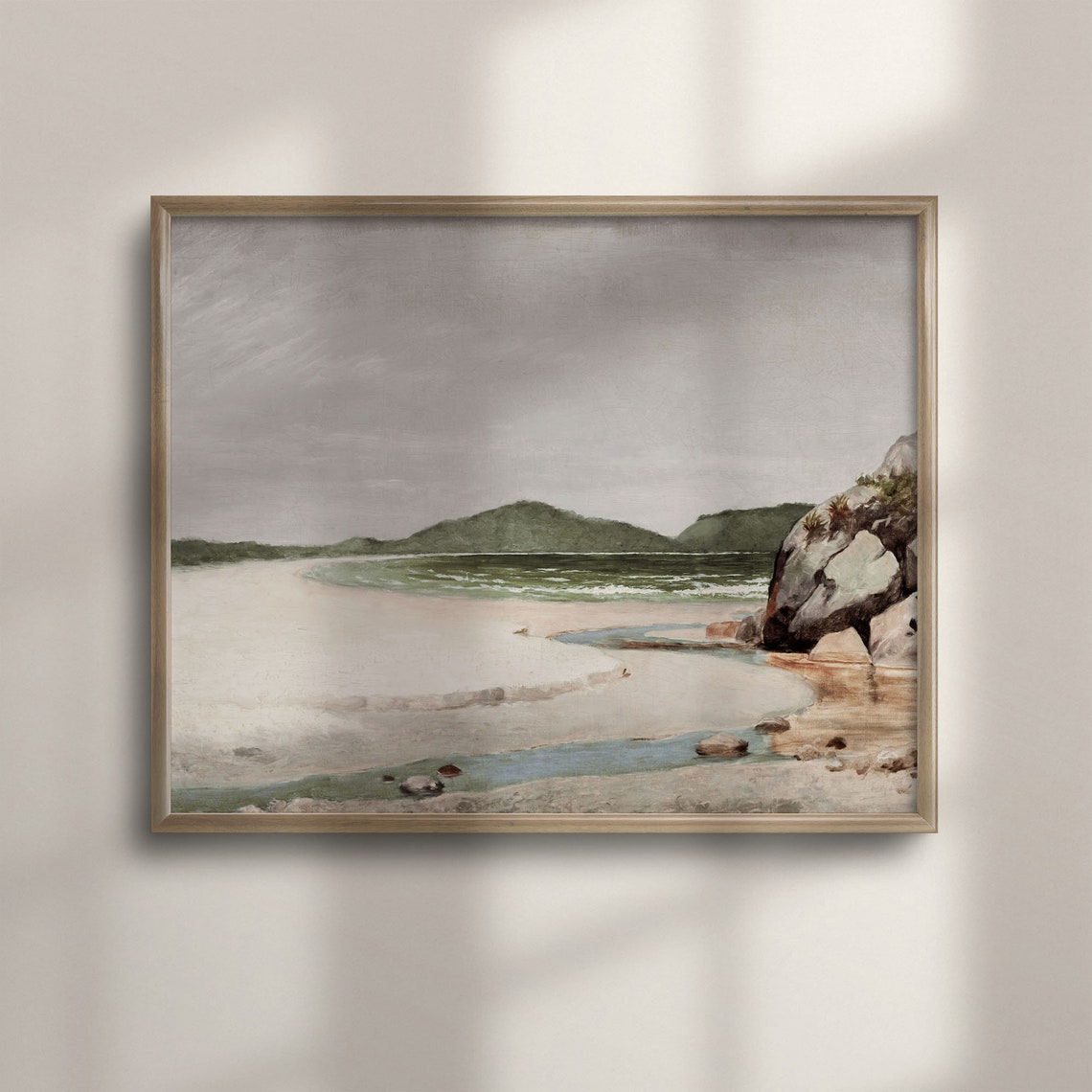Misty Sandy Cove Green Hills Vintage Coastal Seascape Painting Poster