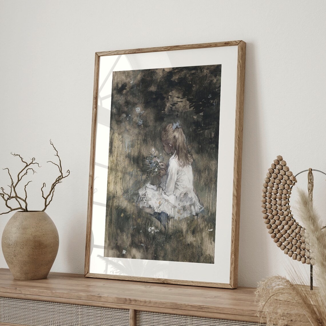 Young Girl Gathering Flowers in a Dark Moody Garden Painting Poster - Image 4