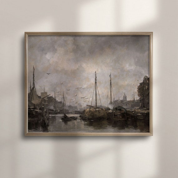 Vintage Moody Harbor Artwork Nautical Wall Decor Old Ship Seascape Painting Unique Maritime Art C16 405