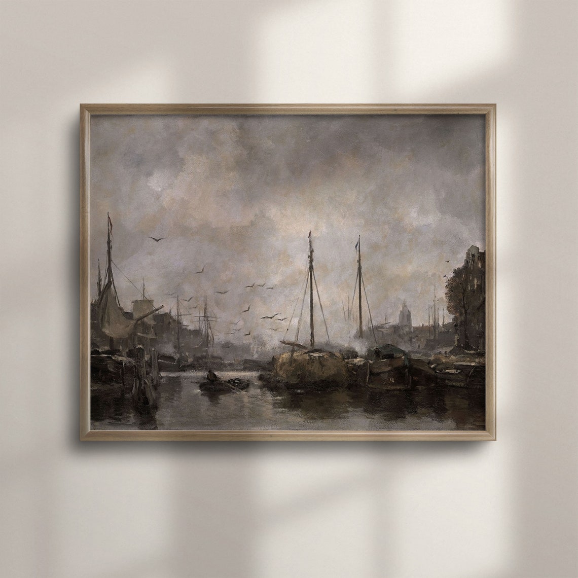 Vintage Moody Harbor Tall Ships Birds Dusk Nautical Art Poster