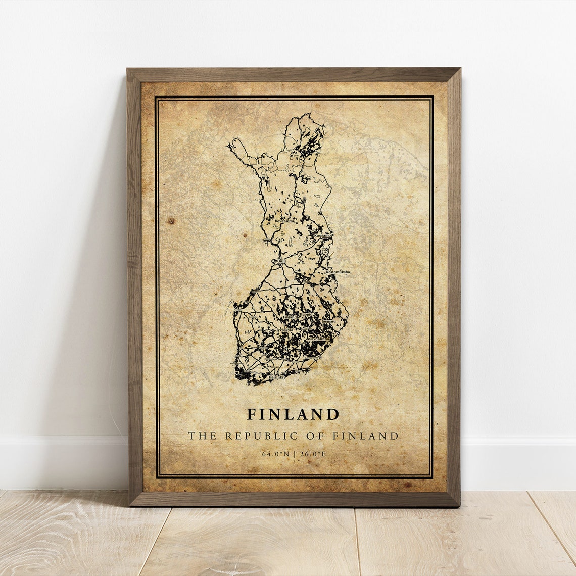 Finland Country Outline Vintage Aged Paper Map With Coordinates Poster