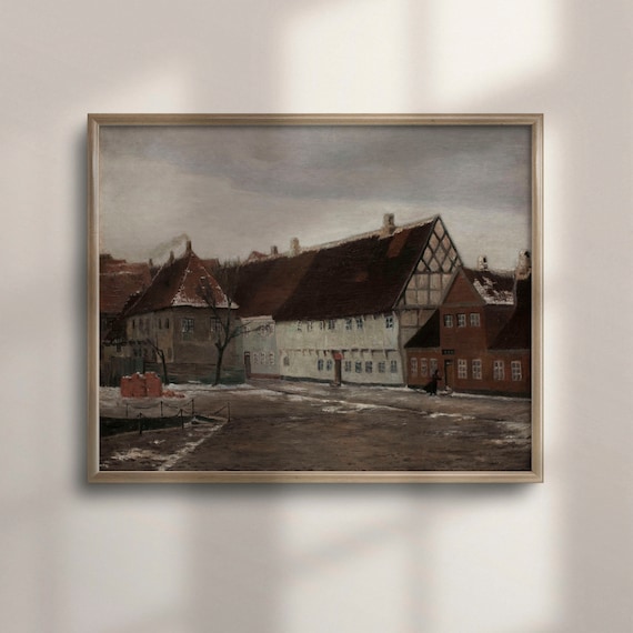Snowy Old Town Street Vintage Winter Village Painting Poster