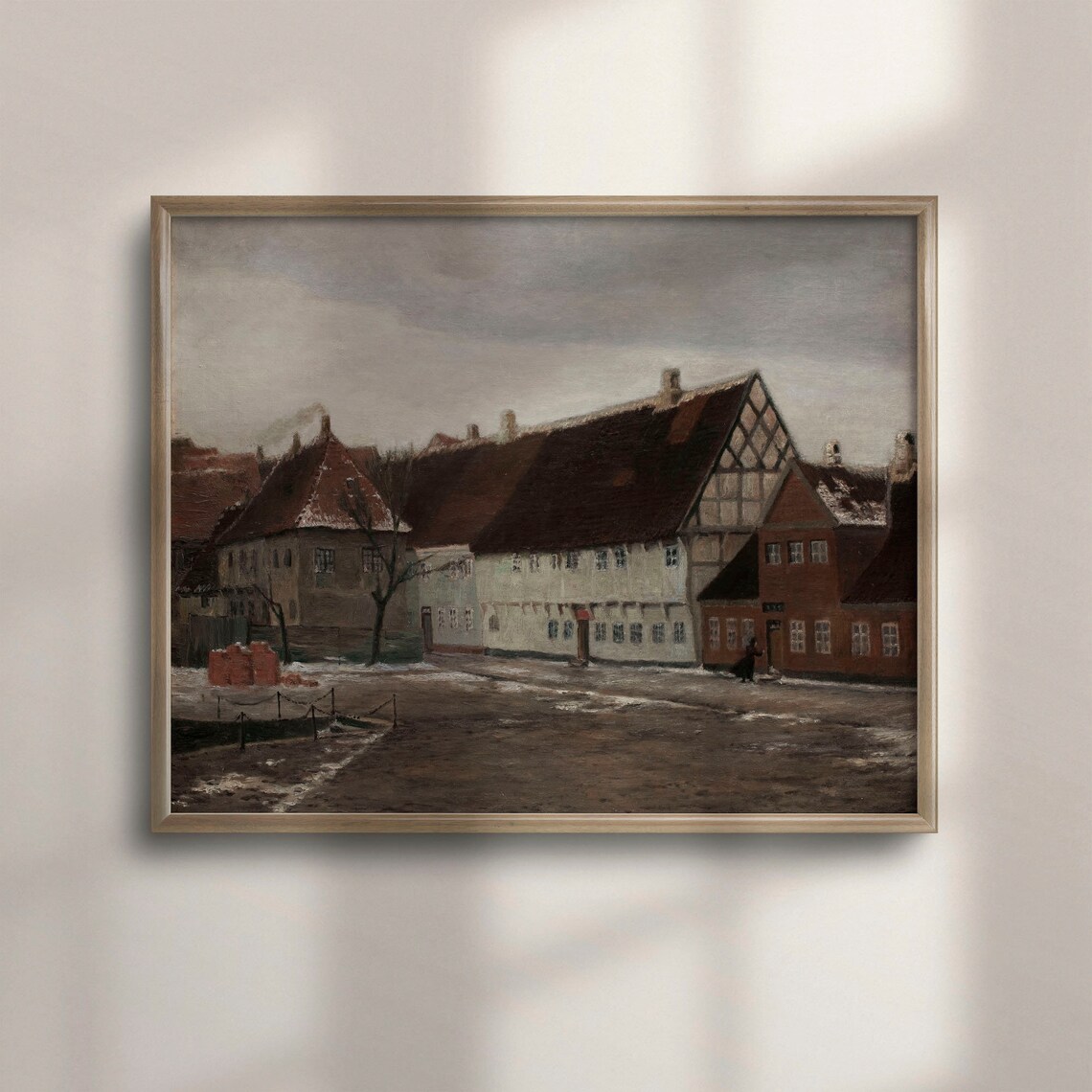 Snowy Old Town Street Vintage Winter Village Painting Poster