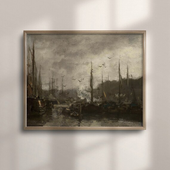 Misty Harbor Sailing Ships Vintage Seascape Oil Painting Poster
