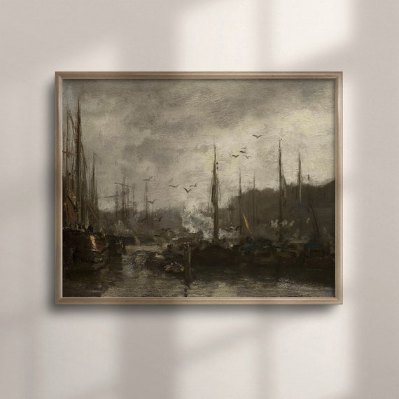 Vintage Moody Harbor Oil Painting Dark Nautical Sailboats Art Coastal Wall Decor Dark Academia Antique Harbor Scene C16 173