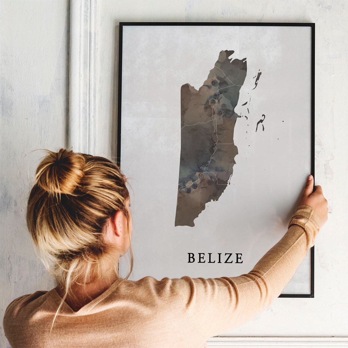 Belize Watercolor Country Silhouette Map Dark Earthy Tones Poster - Image 3