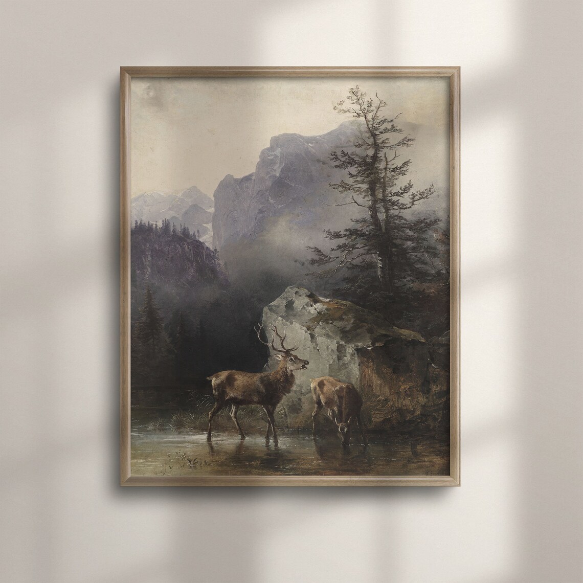Rustic Deer and Mountain Landscape, Vintage Art Print