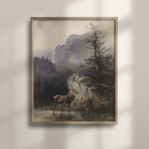 Rustic Deer and Mountain Landscape, Vintage Art Print